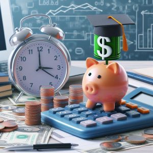 learning financial literacy clock piggy bank and calculator